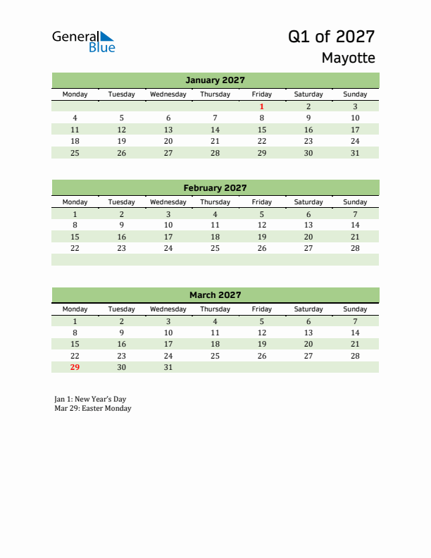 Quarterly Calendar 2027 with Mayotte Holidays
