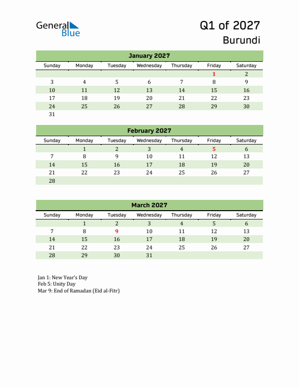 Quarterly Calendar 2027 with Burundi Holidays