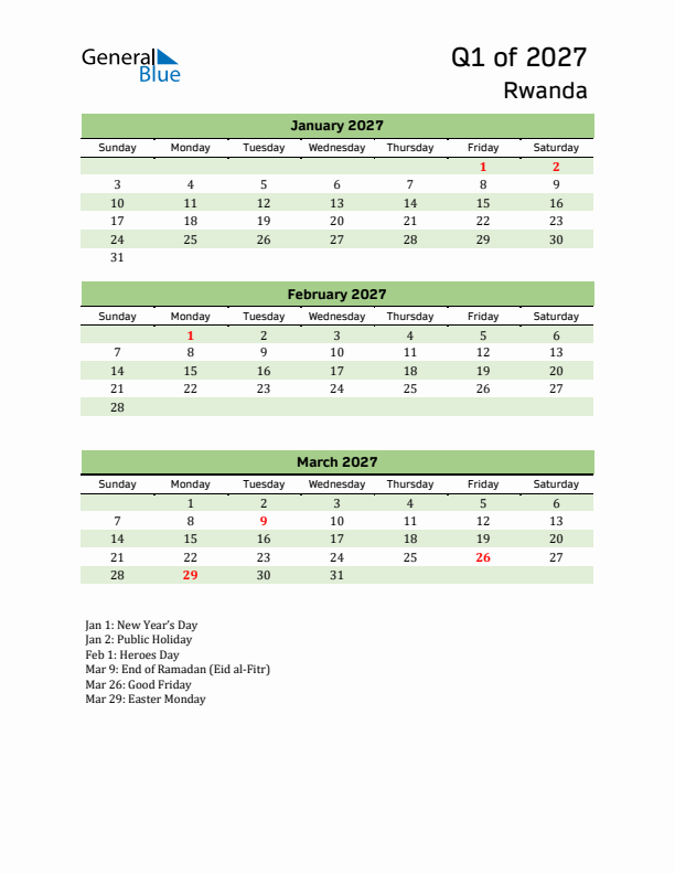 Quarterly Calendar 2027 with Rwanda Holidays