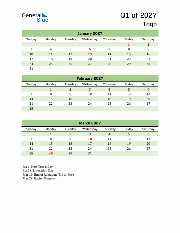 Quarterly Calendar 2027 with Togo Holidays