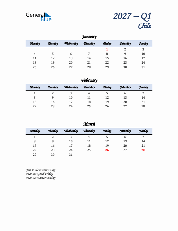 January, February, and March Calendar for Chile with Monday Start