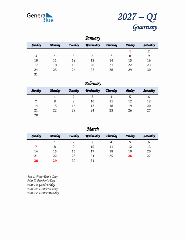 January, February, and March Calendar for Guernsey with Sunday Start