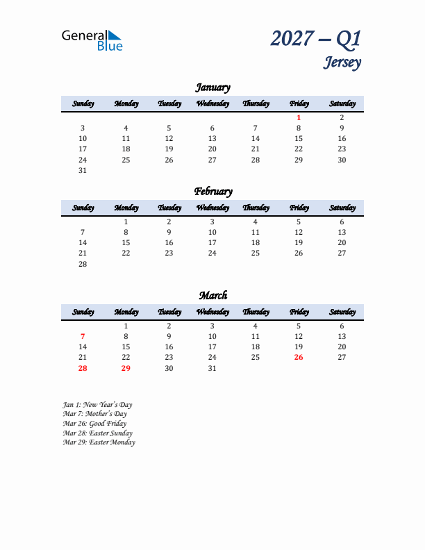 January, February, and March Calendar for Jersey with Sunday Start