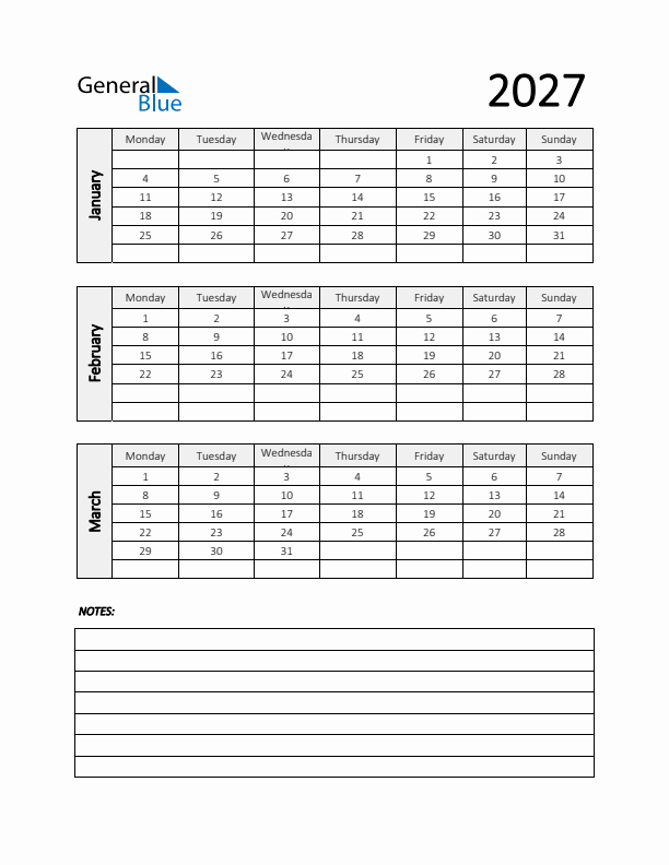 Q1 2027 Calendar with Notes