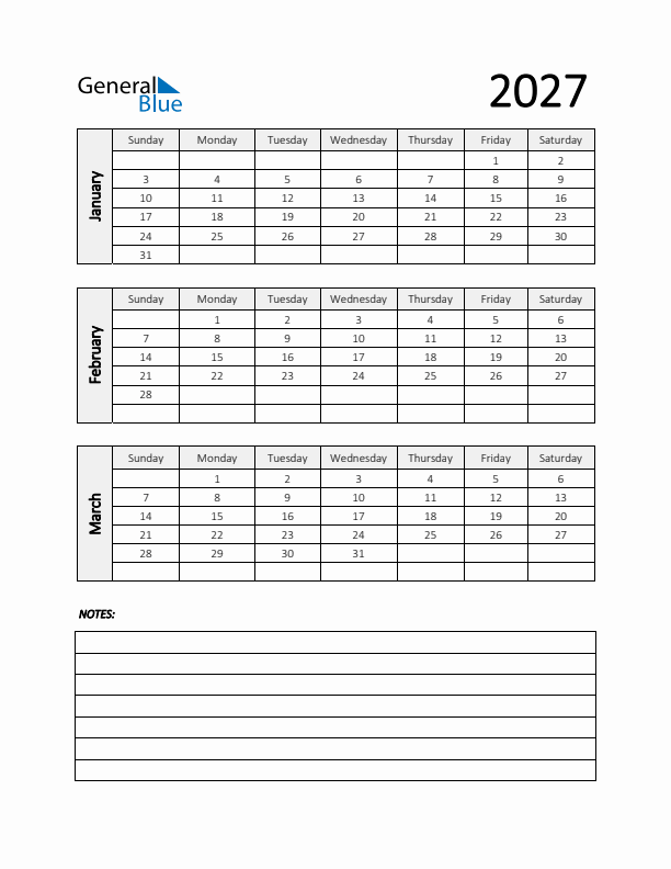 Q1 2027 Calendar with Notes
