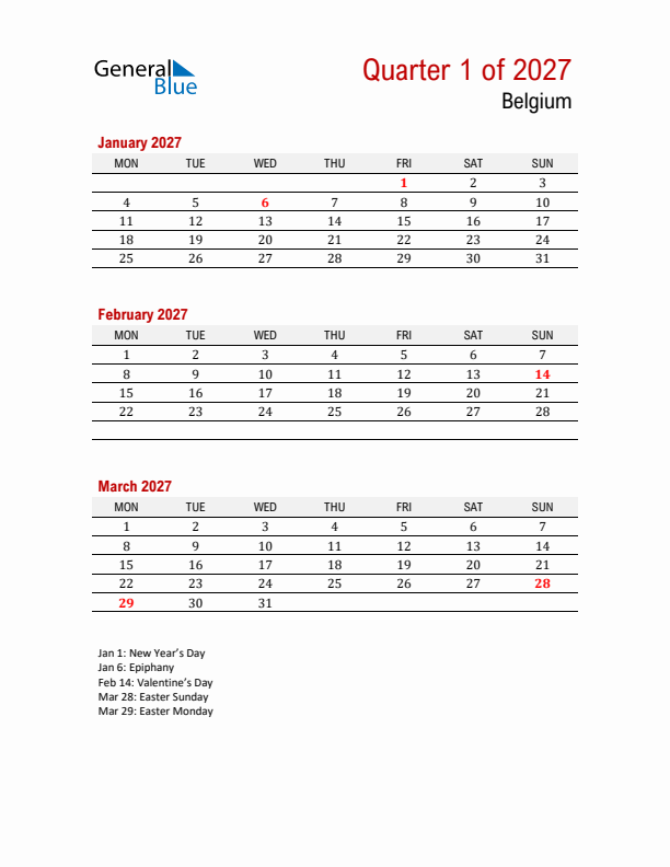 Printable Three Month Calendar with Belgium Holidays