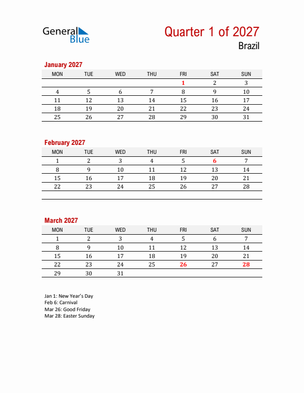 Printable Three Month Calendar with Brazil Holidays