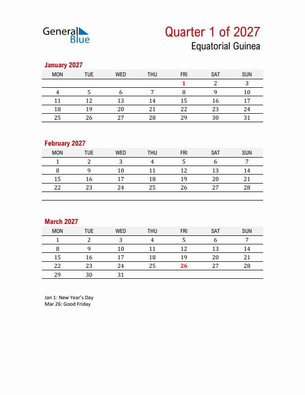 Printable Three Month Calendar with Equatorial Guinea Holidays