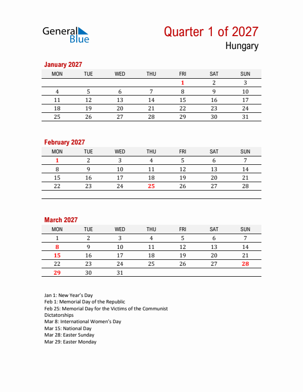 Printable Three Month Calendar with Hungary Holidays