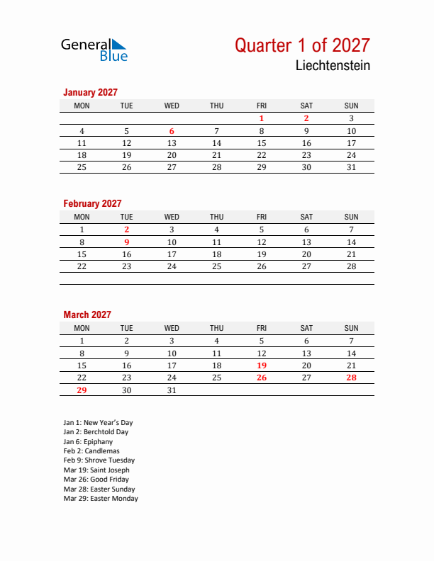 Printable Three Month Calendar with Liechtenstein Holidays