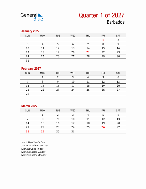 Printable Three Month Calendar with Barbados Holidays