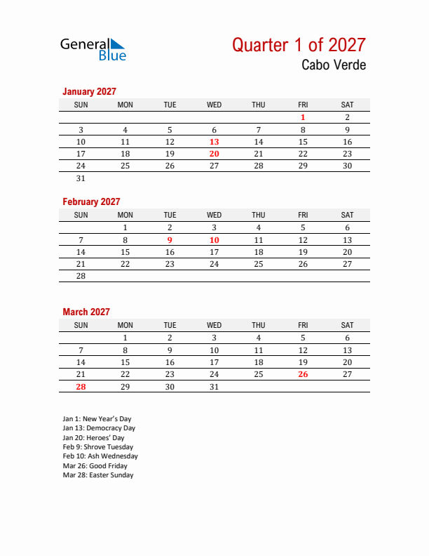 Printable Three Month Calendar with Cabo Verde Holidays