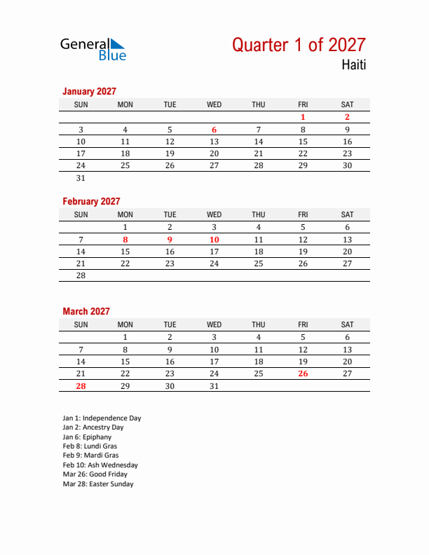 Printable Three Month Calendar with Haiti Holidays