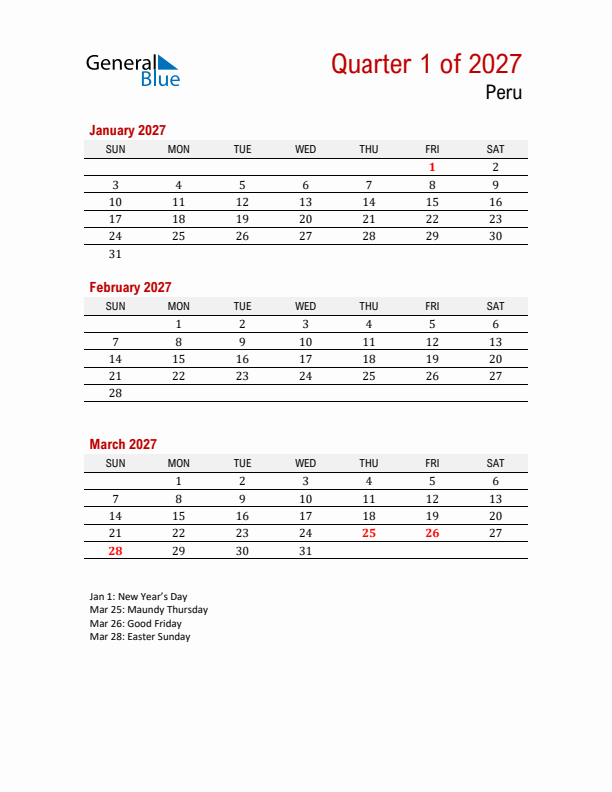 Printable Three Month Calendar with Peru Holidays
