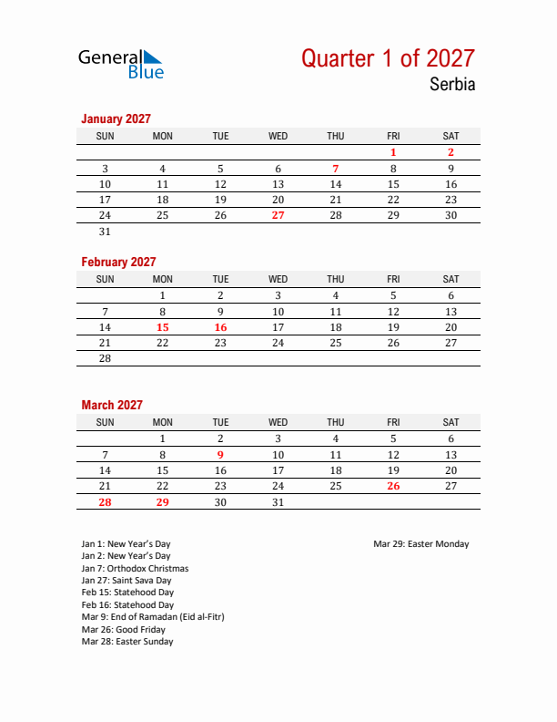 Printable Three Month Calendar with Serbia Holidays