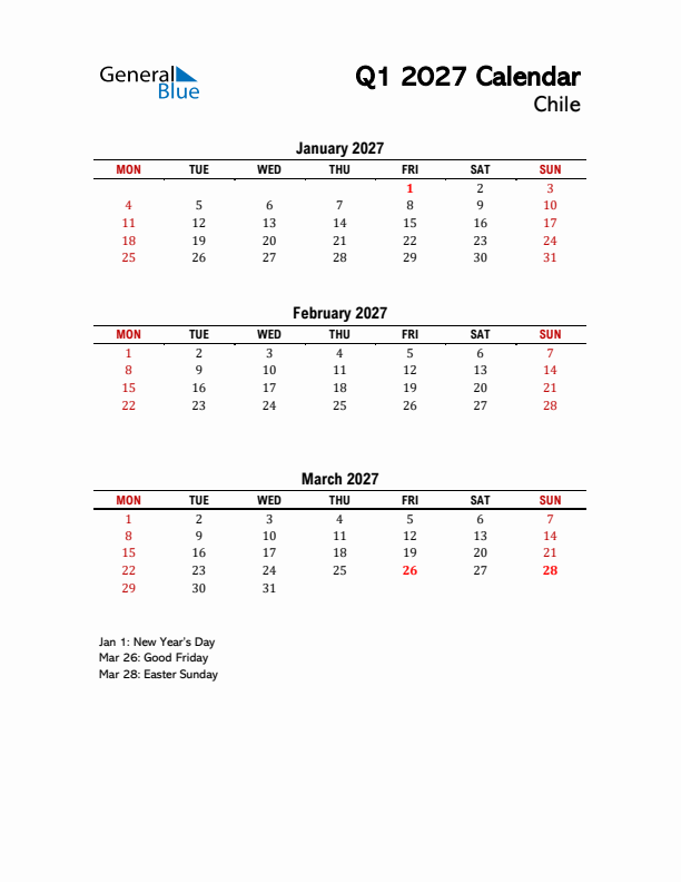 2027 Q1 Calendar with Holidays List for Chile