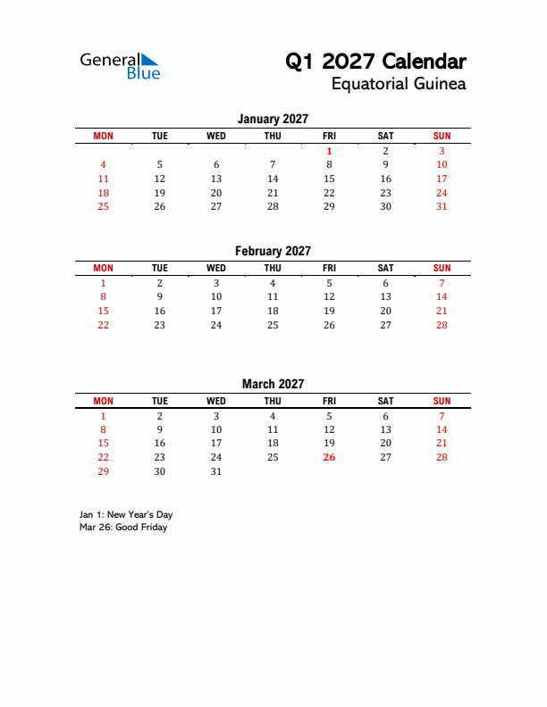 2027 Q1 Calendar with Holidays List for Equatorial Guinea