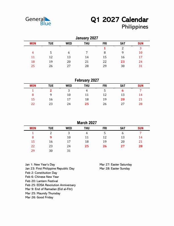 2027 Q1 Calendar with Holidays List for Philippines