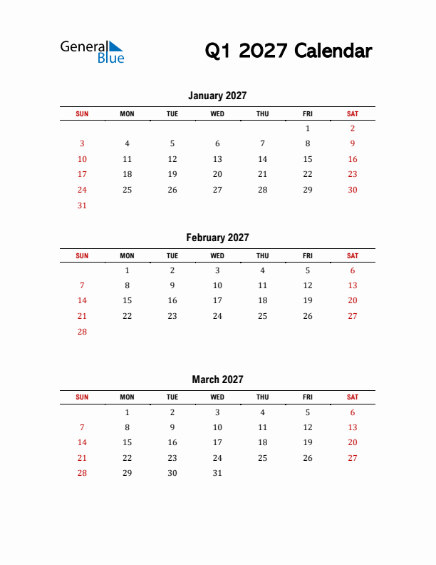 2027 Q1 Calendar with Red Weekend