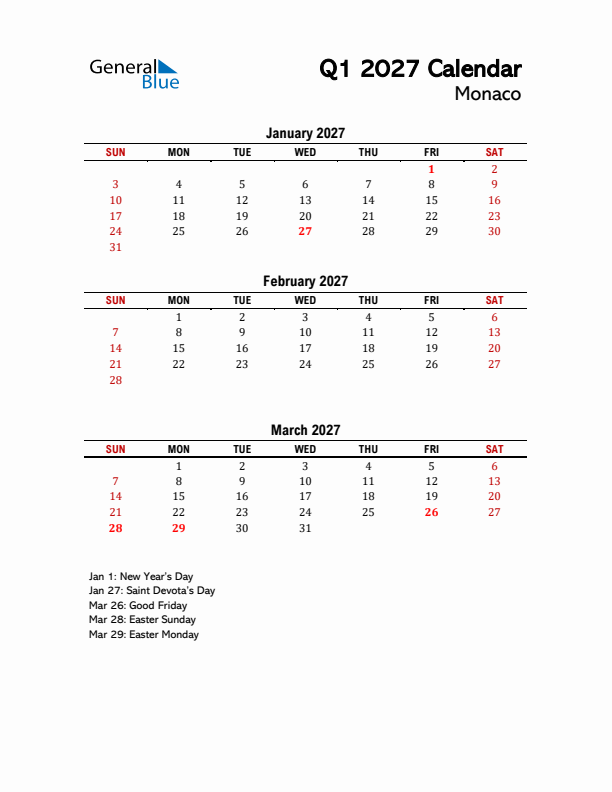 2027 Q1 Calendar with Holidays List for Monaco