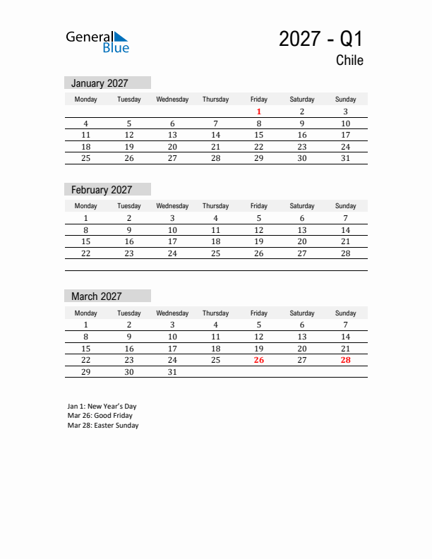 Chile Quarter 1 2027 Calendar with Holidays