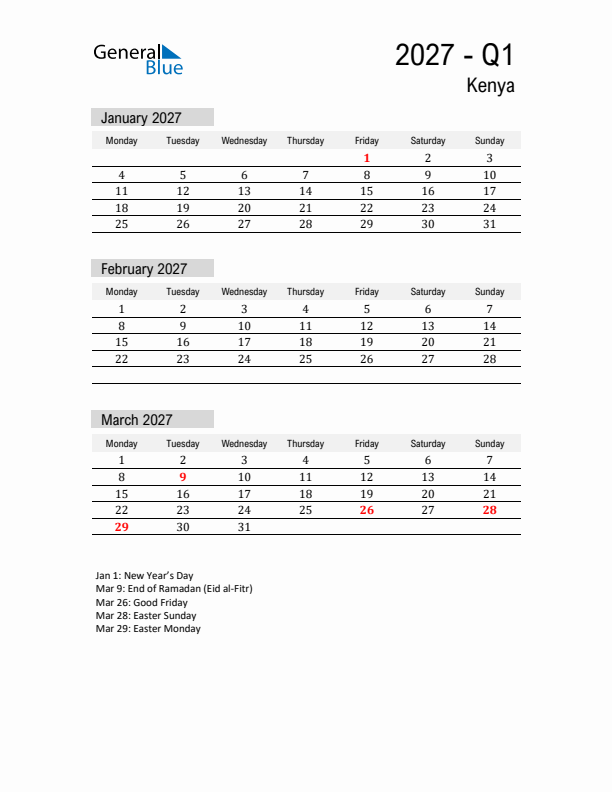 Kenya Quarter 1 2027 Calendar with Holidays