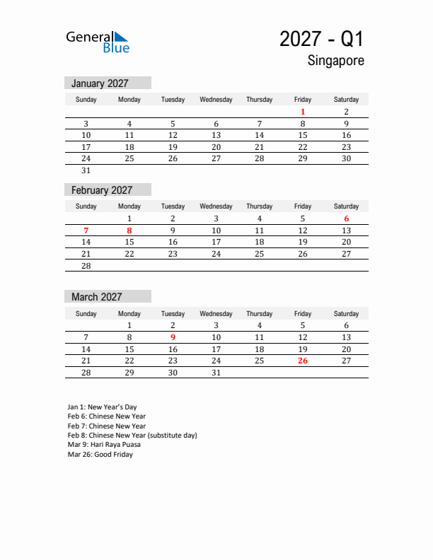 Singapore Quarter 1 2027 Calendar with Holidays