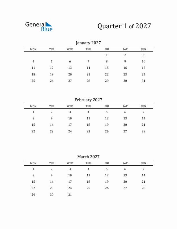 2027 Three-Month Calendar with Monday Start - Quarter 1