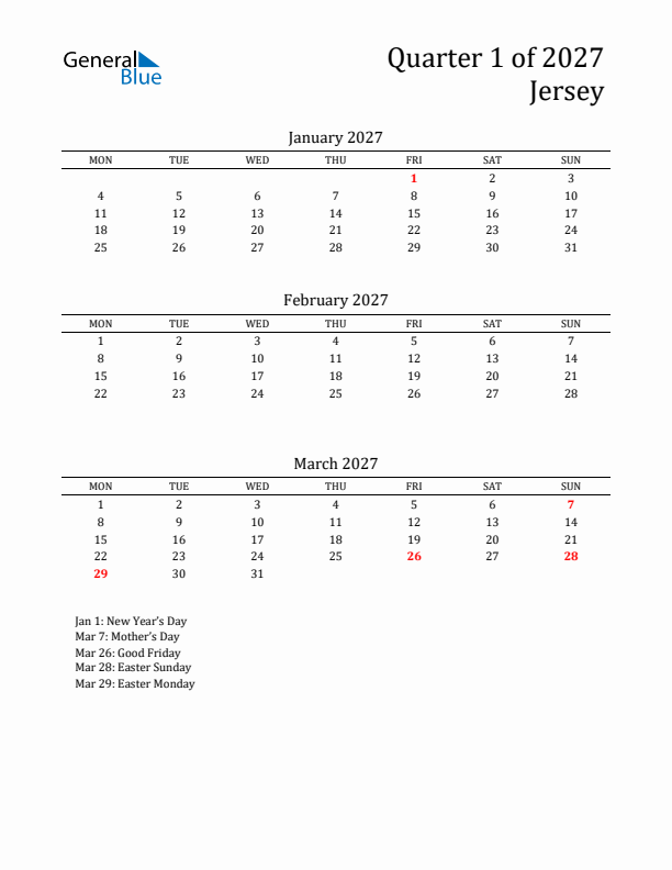 Quarter 1 2027 Jersey Quarterly Calendar
