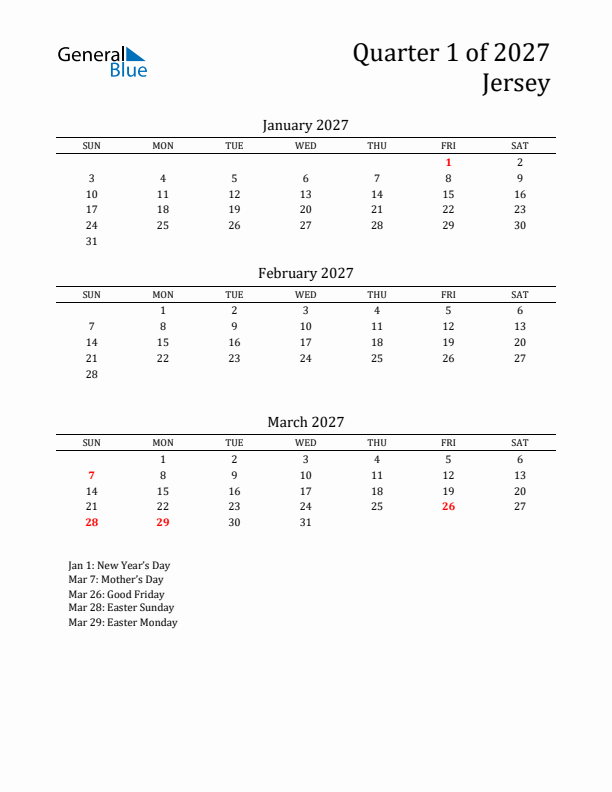 Quarter 1 2027 Jersey Quarterly Calendar