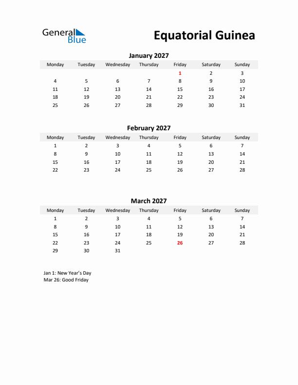 Printable Quarterly Calendar with Notes and Equatorial Guinea Holidays- Q1 of 2027