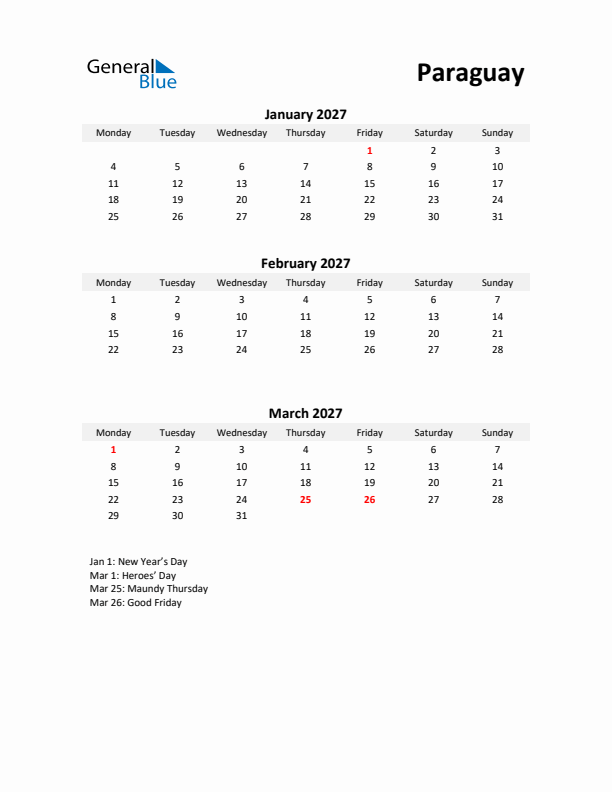 Printable Quarterly Calendar with Notes and Paraguay Holidays- Q1 of 2027