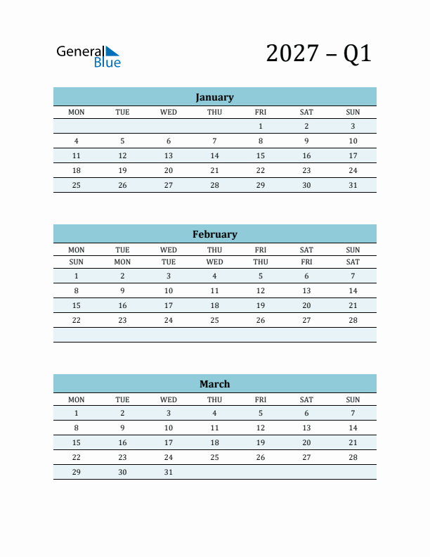 January, February, and March 2027 Calendar