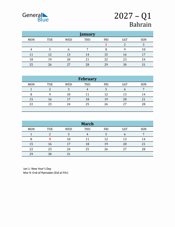 Three-Month Planner for Q1 2027 with Holidays - Bahrain