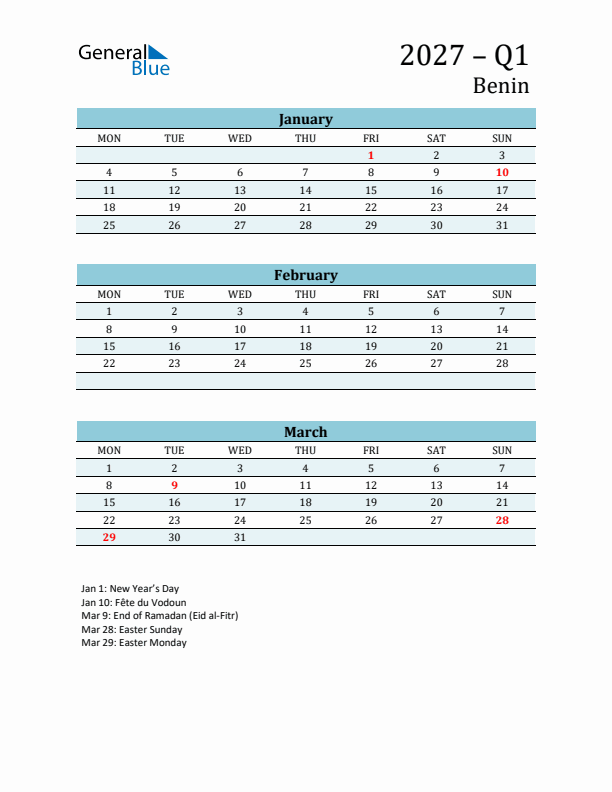 Three-Month Planner for Q1 2027 with Holidays - Benin