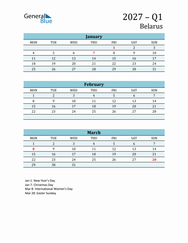 Three-Month Planner for Q1 2027 with Holidays - Belarus