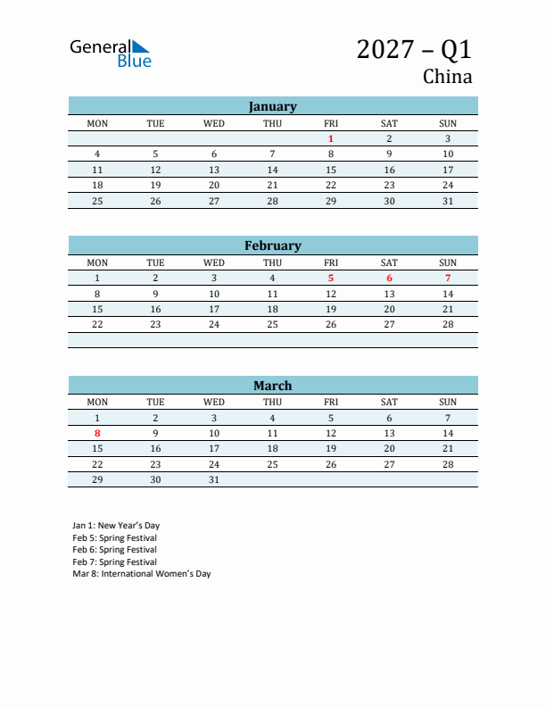 Three-Month Planner for Q1 2027 with Holidays - China