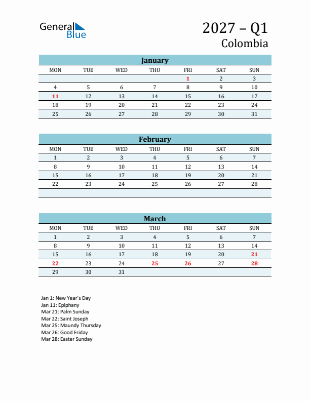 Three-Month Planner for Q1 2027 with Holidays - Colombia