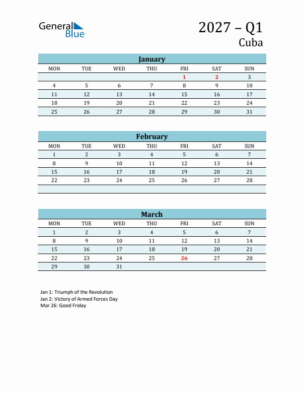 Three-Month Planner for Q1 2027 with Holidays - Cuba