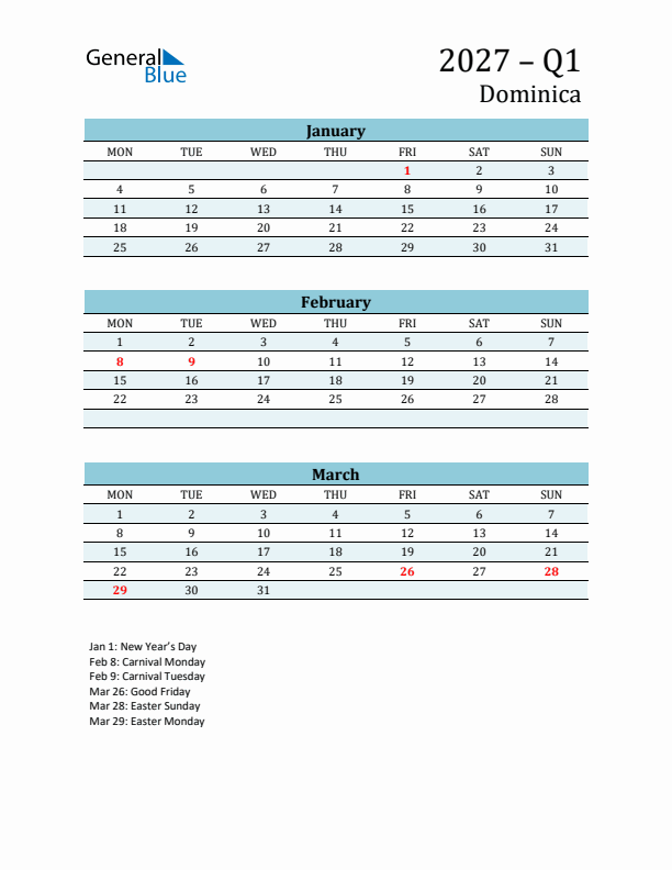 Three-Month Planner for Q1 2027 with Holidays - Dominica