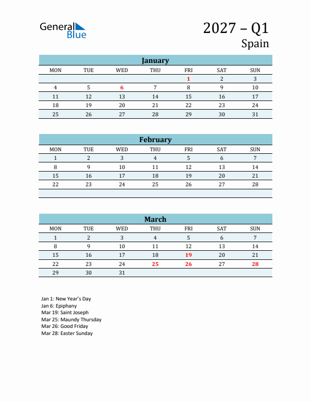 Three-Month Planner for Q1 2027 with Holidays - Spain