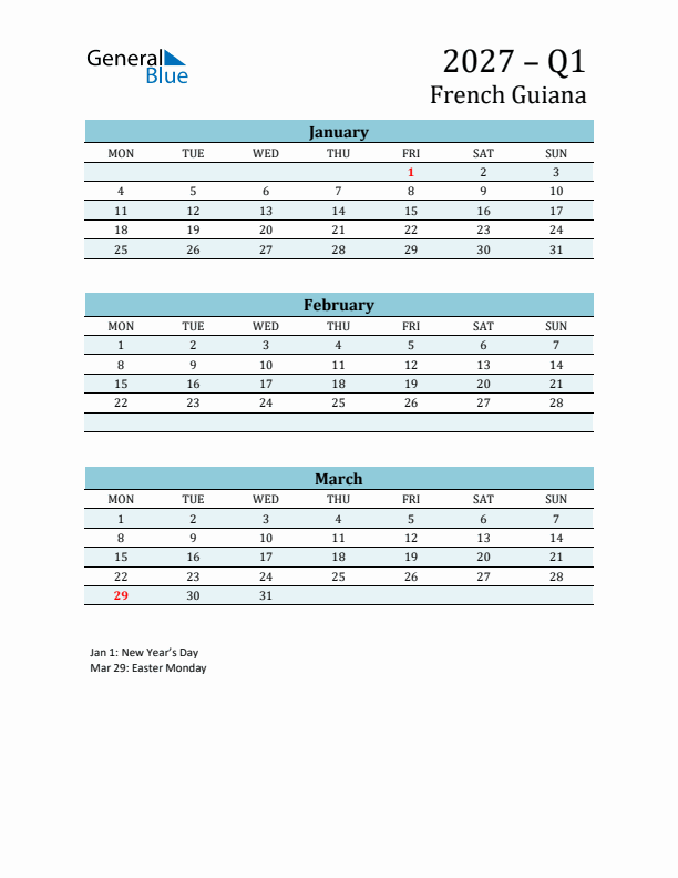 Three-Month Planner for Q1 2027 with Holidays - French Guiana