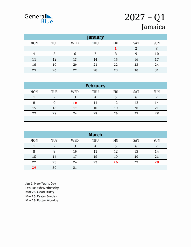 Three-Month Planner for Q1 2027 with Holidays - Jamaica