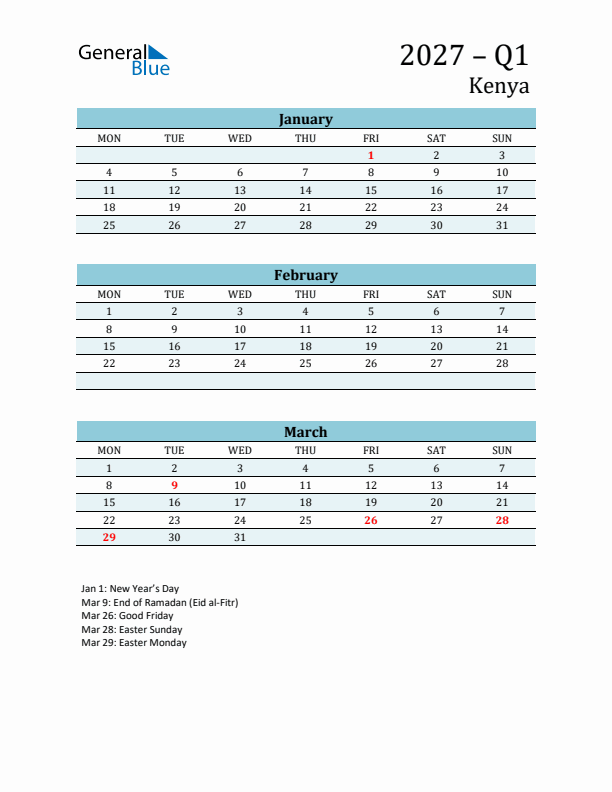 Three-Month Planner for Q1 2027 with Holidays - Kenya