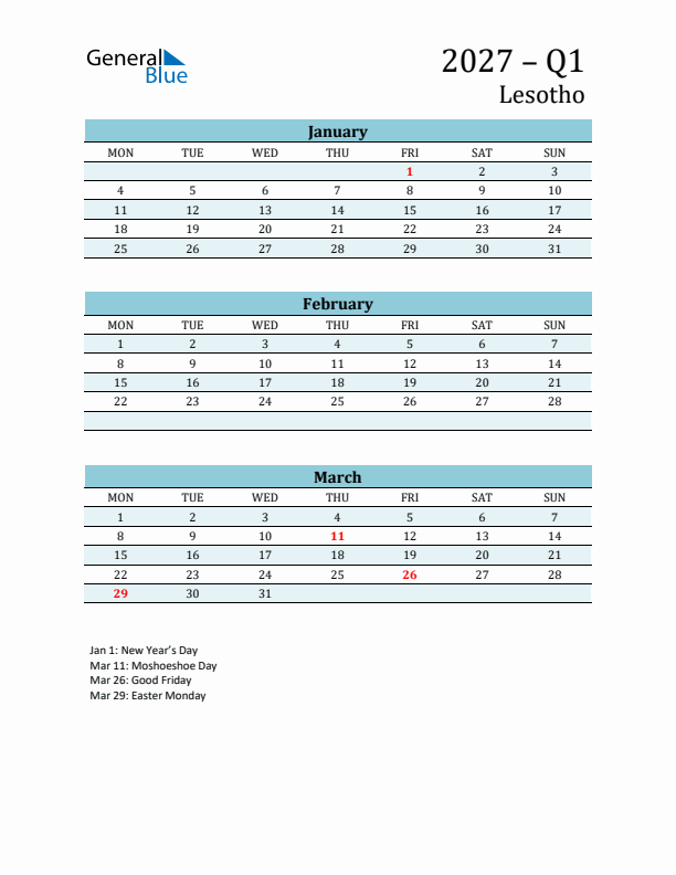 Three-Month Planner for Q1 2027 with Holidays - Lesotho