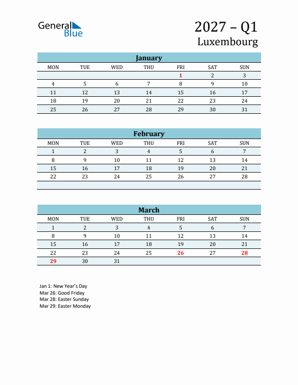Three-Month Planner for Q1 2027 with Holidays - Luxembourg