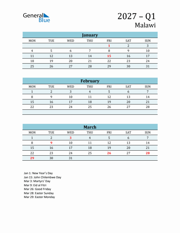 Three-Month Planner for Q1 2027 with Holidays - Malawi