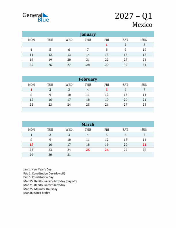 Three-Month Planner for Q1 2027 with Holidays - Mexico