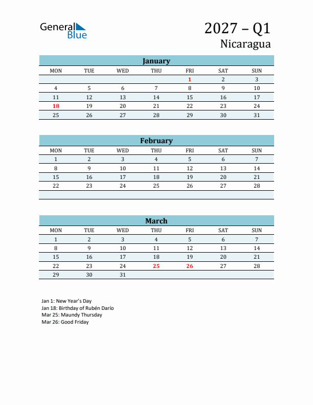 Three-Month Planner for Q1 2027 with Holidays - Nicaragua