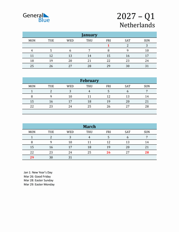 Three-Month Planner for Q1 2027 with Holidays - The Netherlands